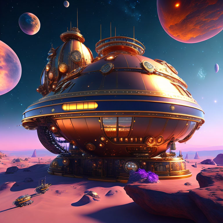 Ornate building-like spaceship on barren alien landscape with multiple moons and planets in purple sky