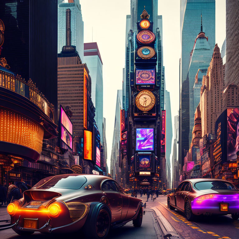 Classic Cars Amid City Lights and Skyscrapers at Dusk