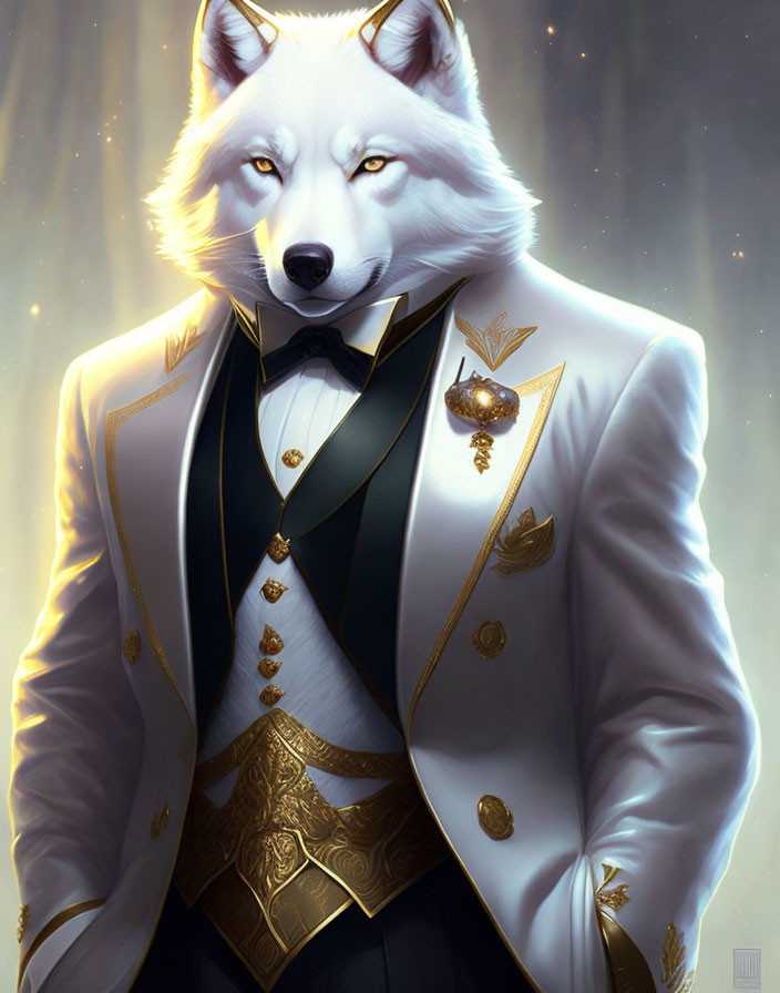 White Wolf in Gold-Accented Suit with Medal Displays Regal Elegance