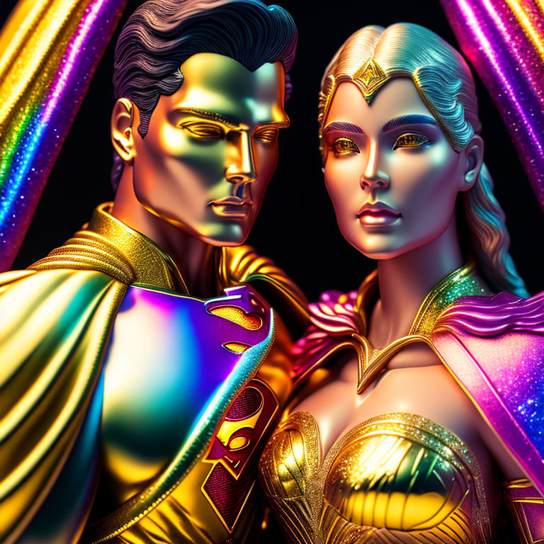 Colorful Metallic Superheroes in Detailed Costumes on Shimmering Background