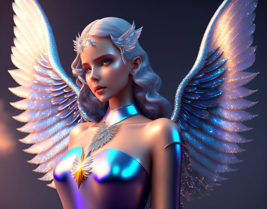 Detailed digital artwork of female angel with large white wings and metallic attire.