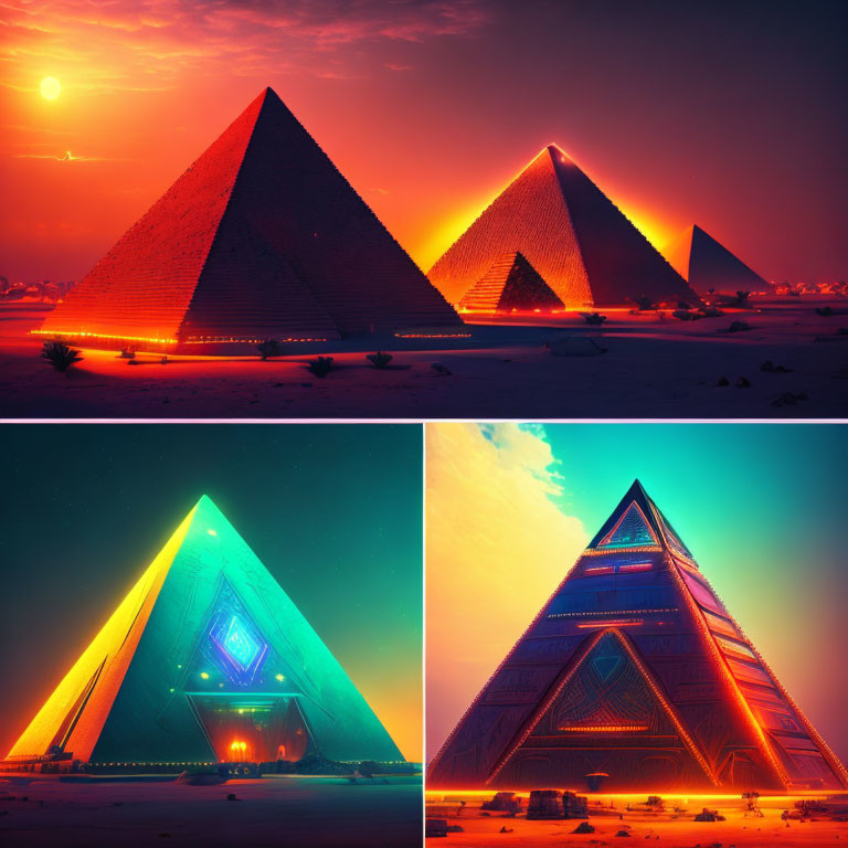 Composite Image Contrasting Ancient Egyptian Pyramids with Futuristic Neon Versions