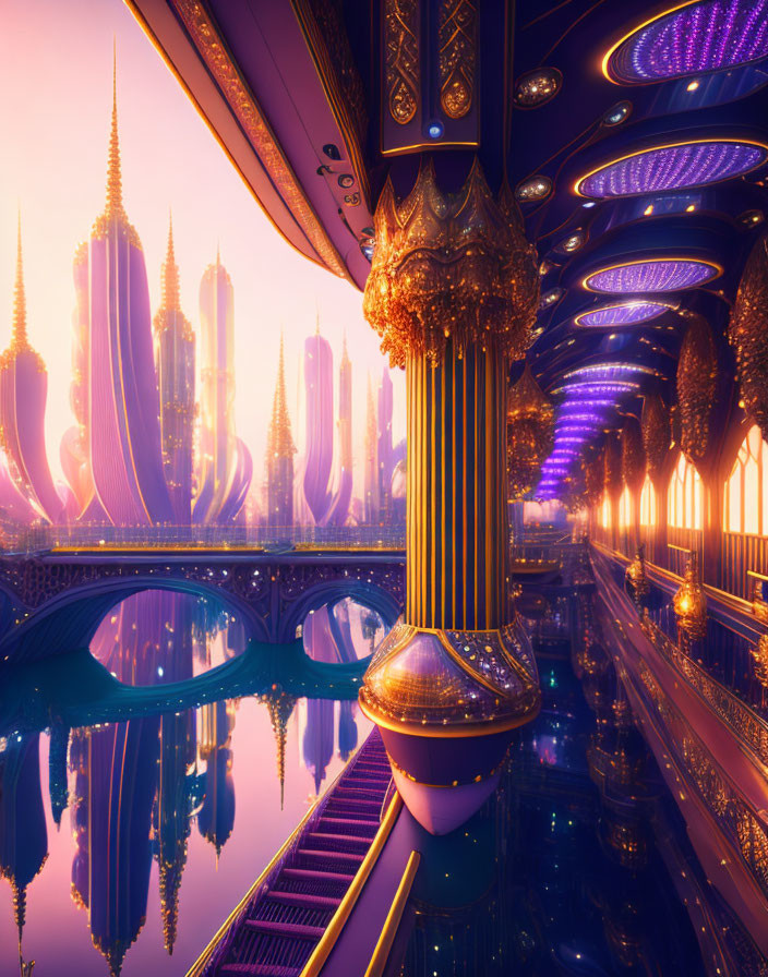 Futuristic Cityscape with Purple and Golden Hues and Sleek Towers