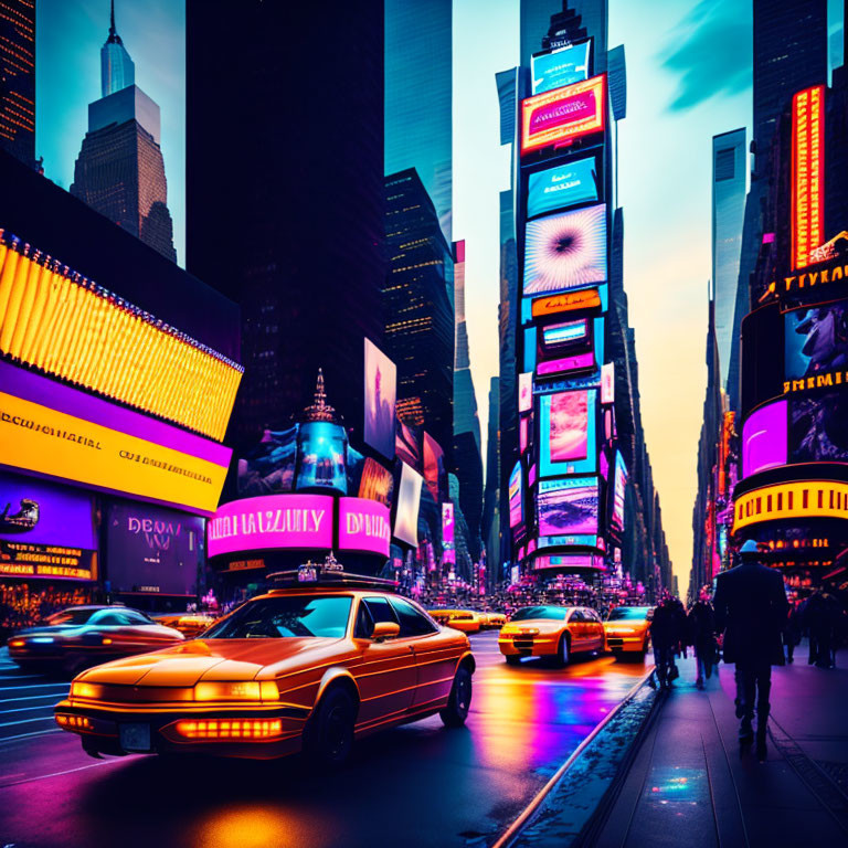 Vibrant Neon Signs Illuminate Times Square at Dusk