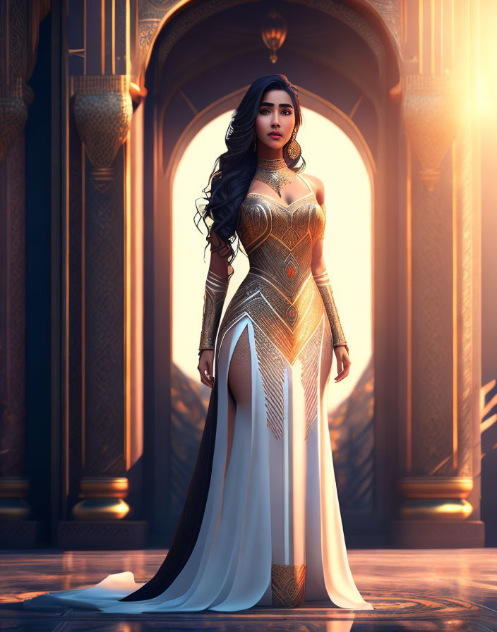 Regal woman in golden gown and grand hallway.