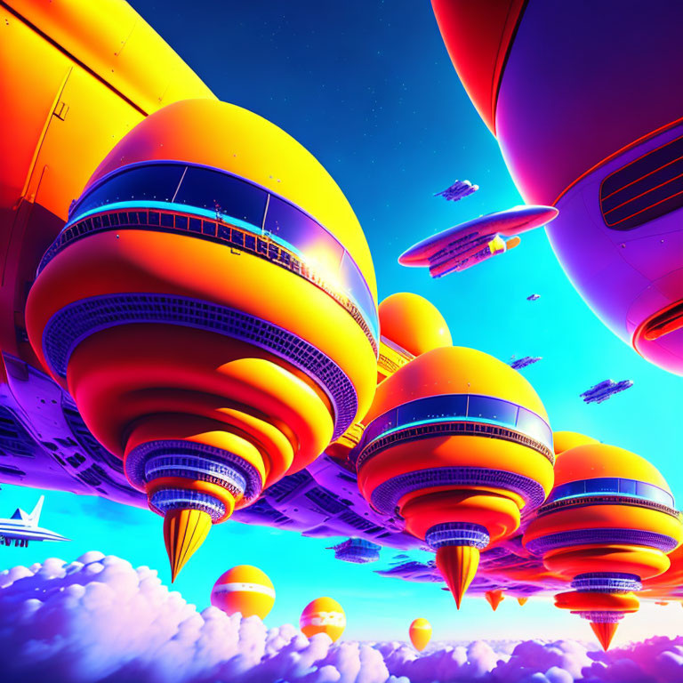 Vibrant futuristic floating cities with airships in a sci-fi utopia