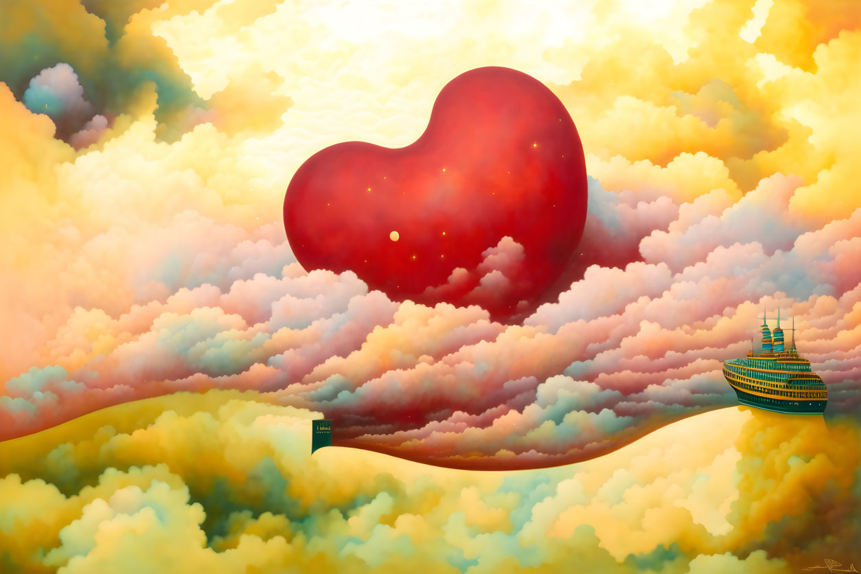 Surreal artwork of red heart above clouds with ship on ribbon path