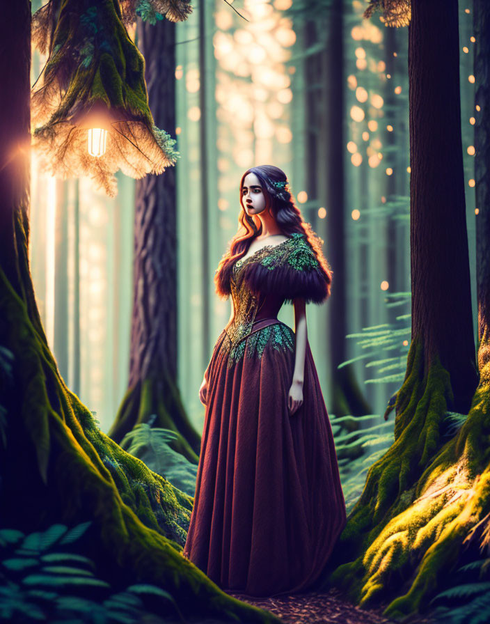 Woman in vintage dress in enchanted forest with soft lights and mossy trees