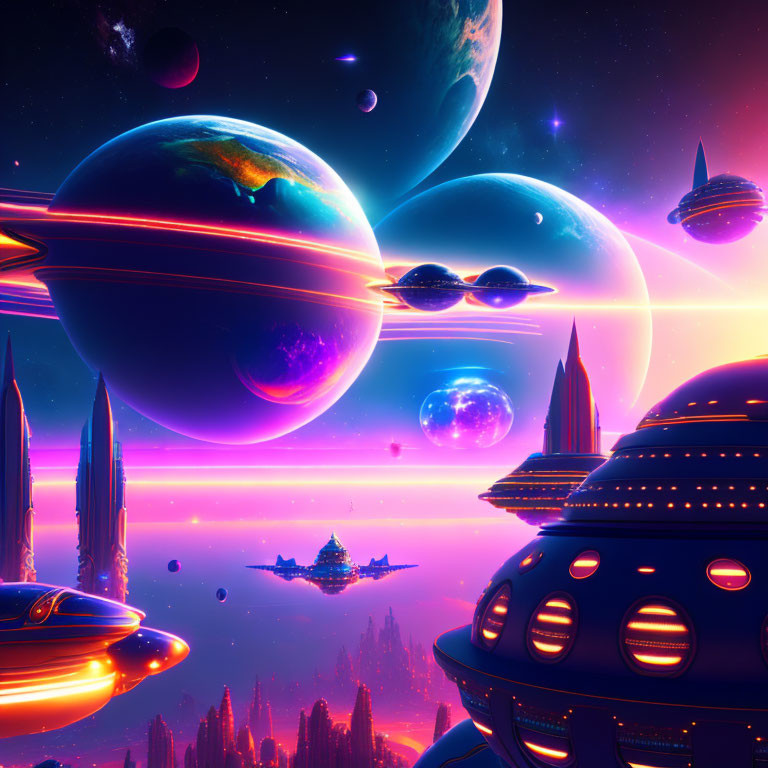 Futuristic cityscape with flying saucers, spires, and colorful space sky