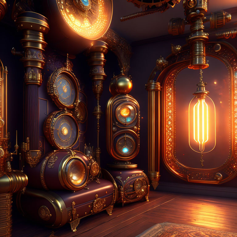 Steampunk-inspired Room with Brass Machinery & Elaborate Clockwork