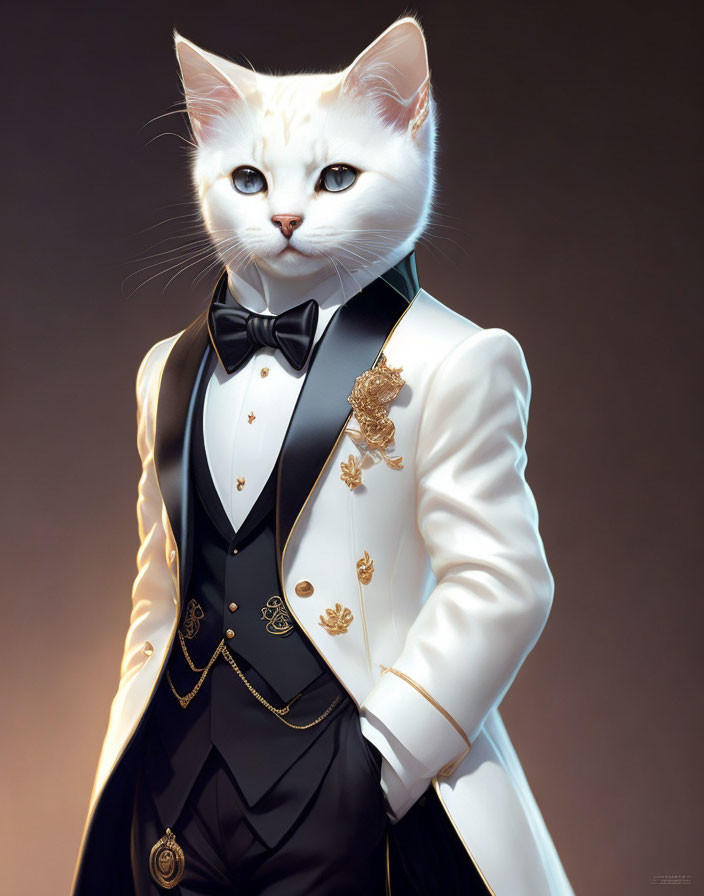 Elegant white cat in black and white tuxedo with gold details