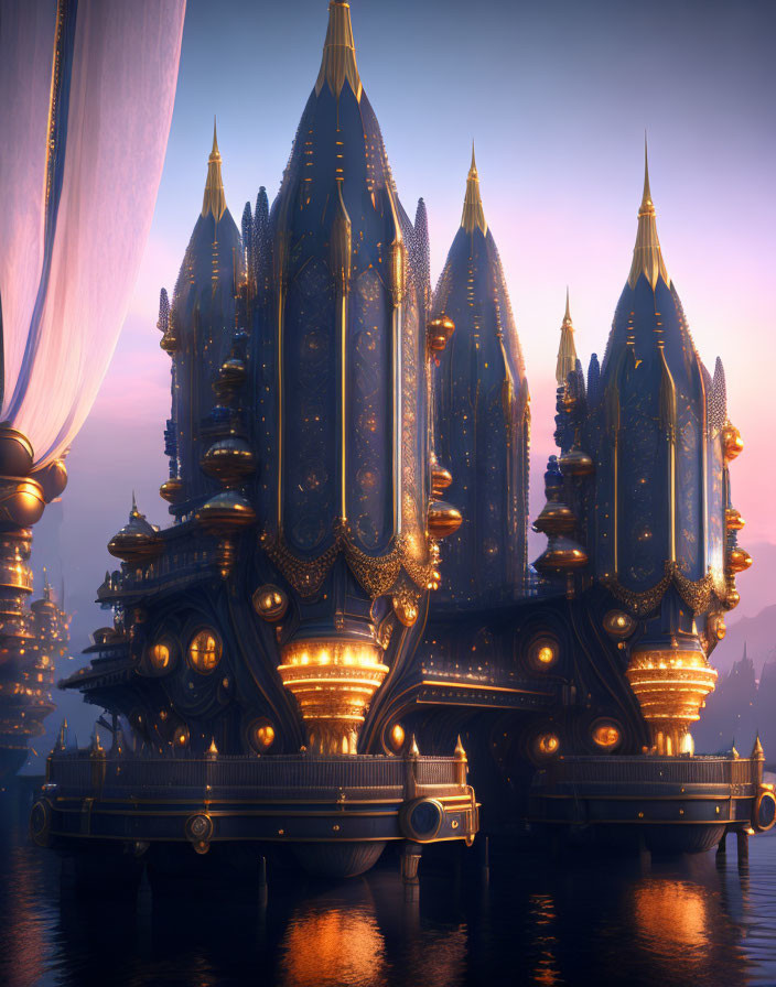 Fantasy-style castle with tall spires and golden accents at twilight