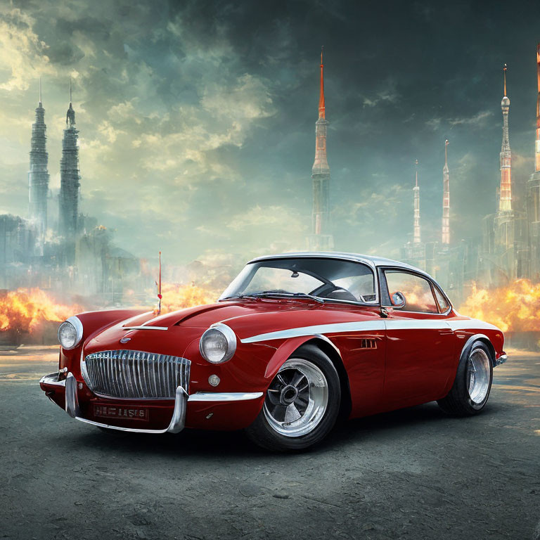 Vintage red car parked on road with futuristic skyscrapers, flames, and cloudy sky