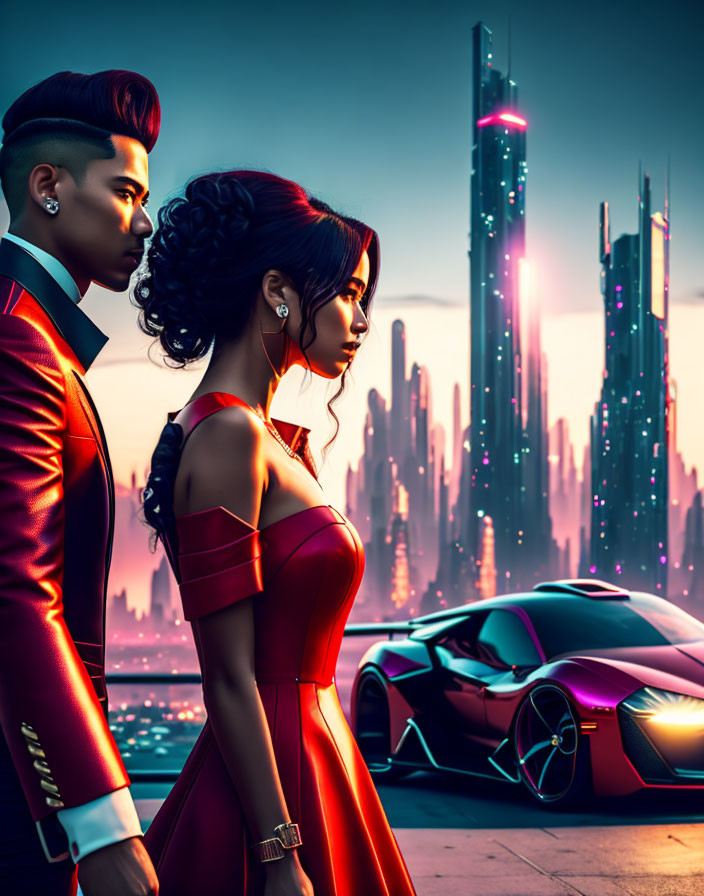 Elegant couple in evening wear with sports car against futuristic cityscape