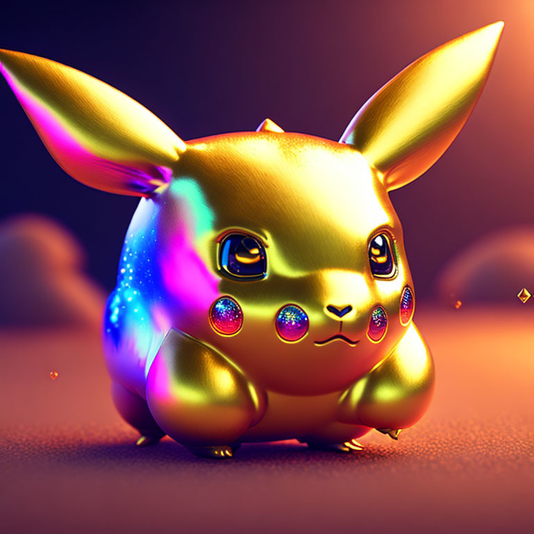 Shiny Golden Pikachu with Multicolored Cheeks on Dark Background