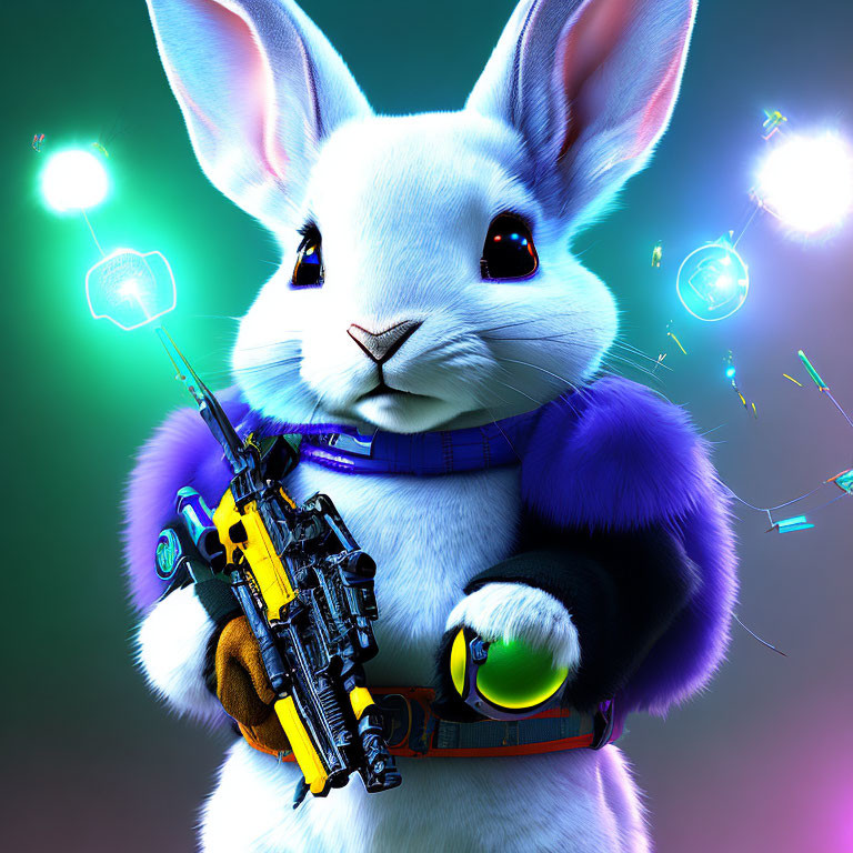 Stylized white rabbit in colorful jacket with futuristic yellow gun