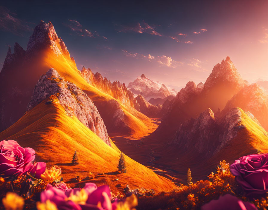 Majestic mountain peaks at sunset with orange light and purple flowers