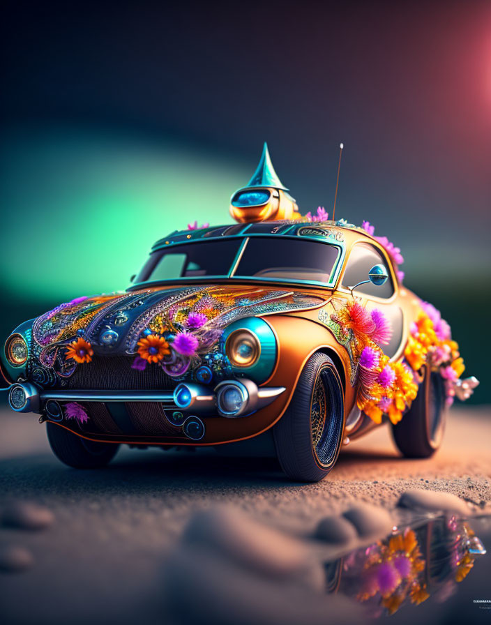 Vintage Car Decorated with Colorful Flowers and Artistic Elements