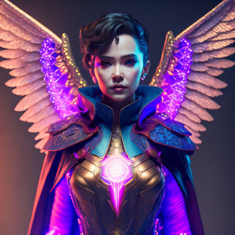 Digital artwork of a woman with angel wings and futuristic armor on moody backdrop