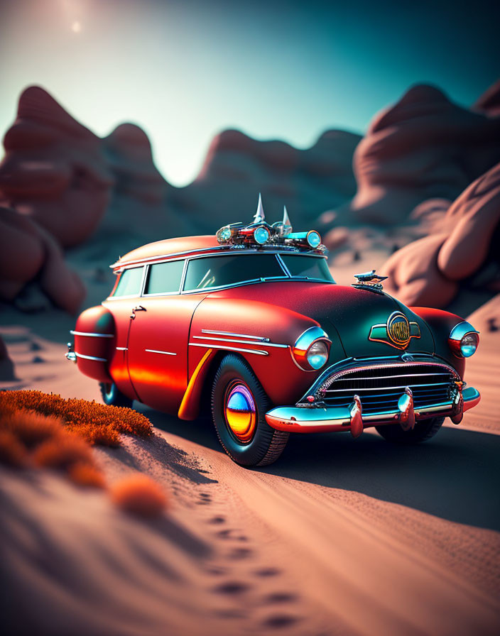 Vintage Red Station Wagon with Surfboards in Desert Landscape