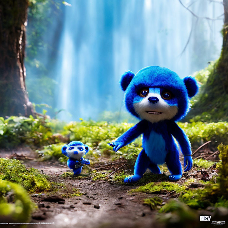 Two Blue Creatures in Lush Forest with Waterfall