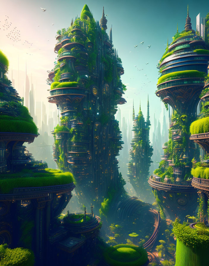 Futuristic skyscrapers with lush foliage in serene cityscape