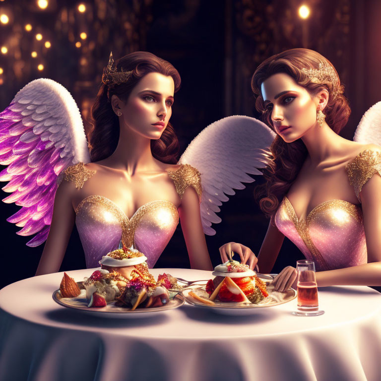 Regal winged women dining at opulent banquet