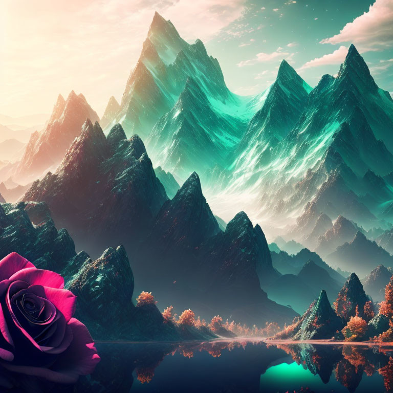 Vibrant turquoise mountains with autumn foliage and a large purple rose by a tranquil lake