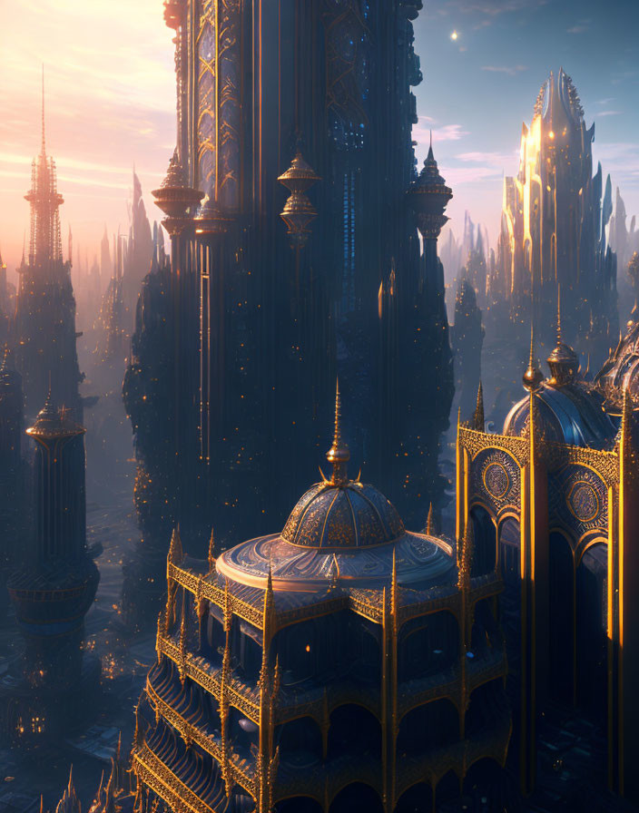 Golden spires and intricate architecture in a fantastical cityscape