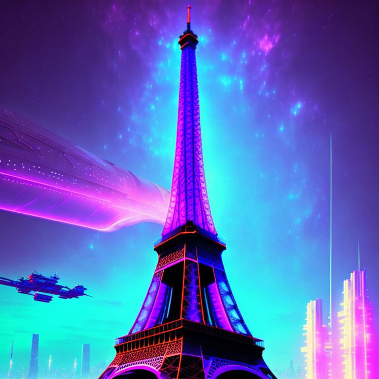 Futuristic Eiffel Tower with neon cityscape and cosmic sky