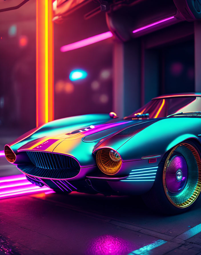 Vibrant teal classic car with yellow accents under neon lights