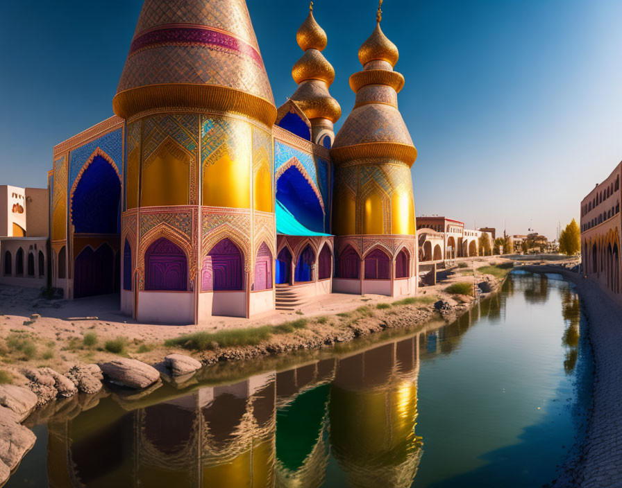 Ornate Building with Onion Domes Reflecting in Canal