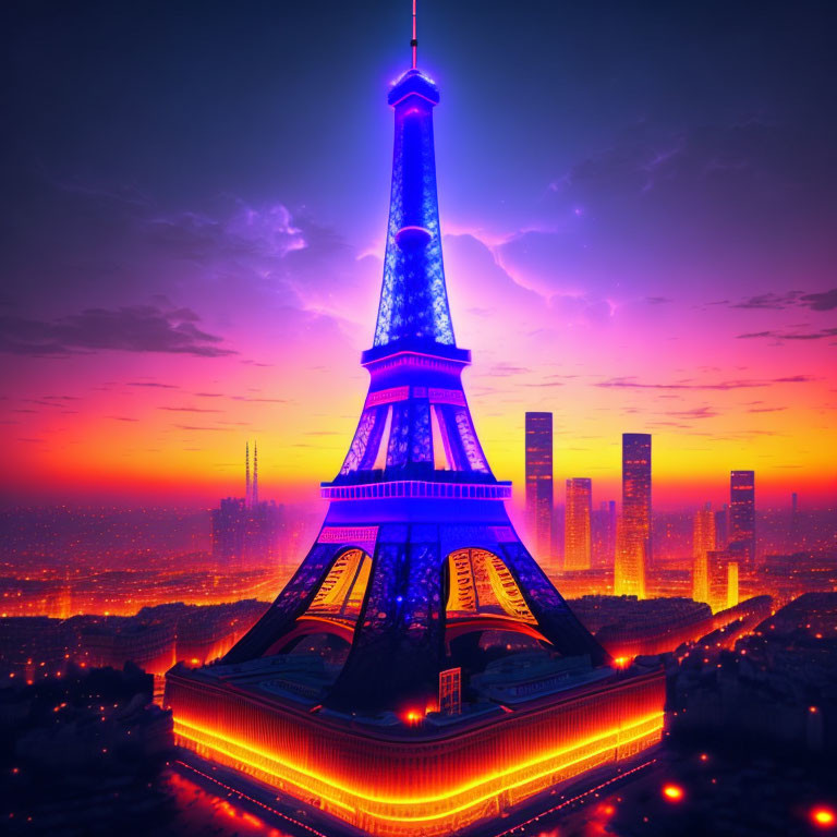 Iconic Eiffel Tower in Blue and Red Lights at Sunset