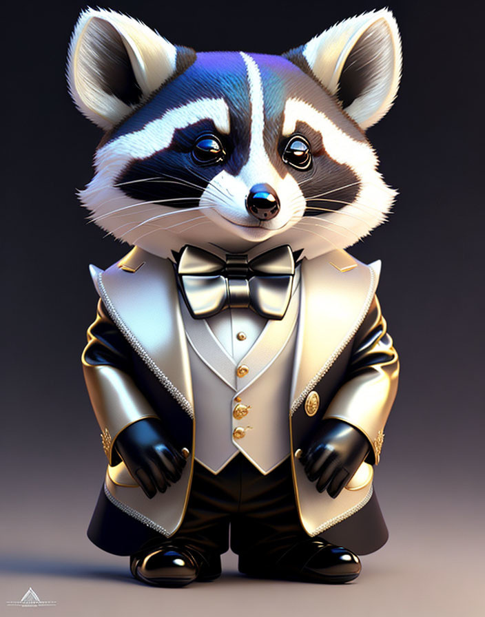 Anthropomorphic raccoon in white and gold tuxedo with bow tie