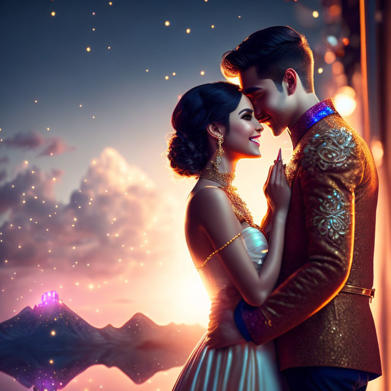 Elegant couple in ethnic attire against twilight sky with stars and mountain.