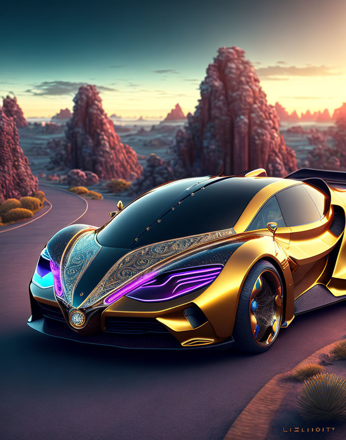 Futuristic Gold and Purple Car on Desert Road at Sunset