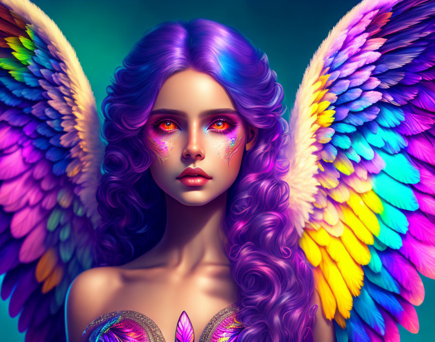 Digital Artwork: Woman with Purple Hair and Multicolored Butterfly Wings