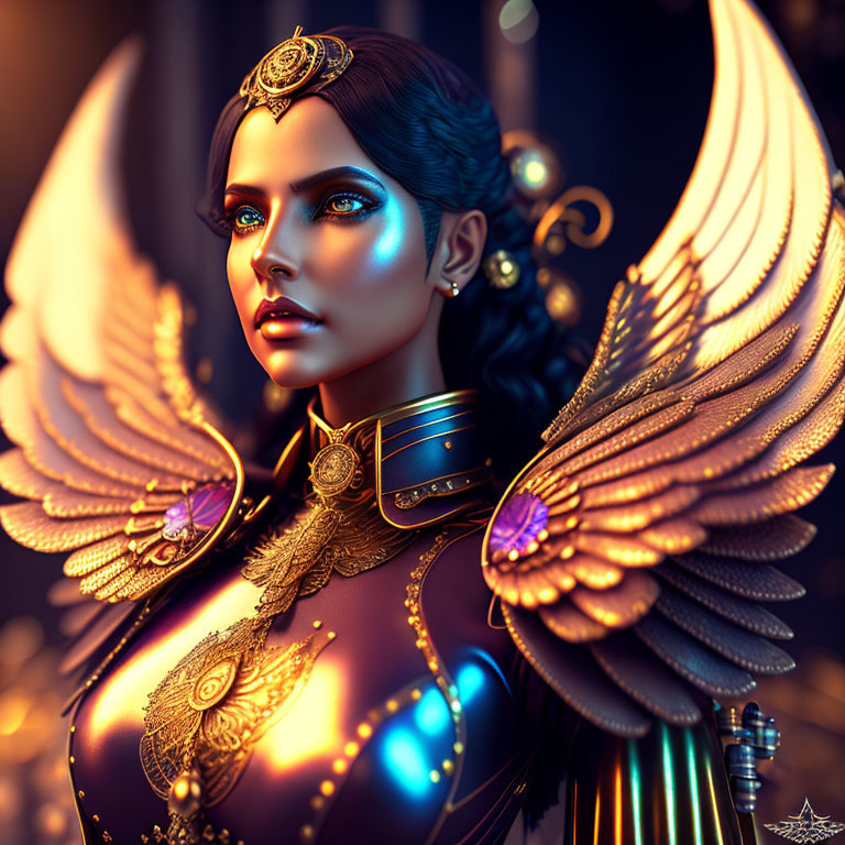 Digital Art Portrait of Woman with Blue Eyes, Gold Armor, and Ethereal Wings