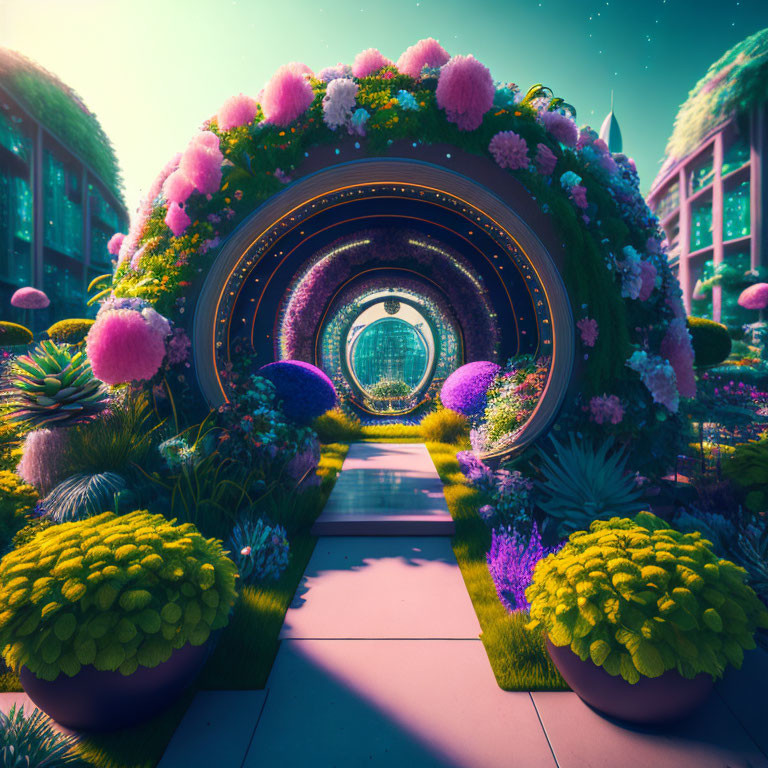 Futuristic garden with floral arches, circular portal, symmetrical bushes under pink sky