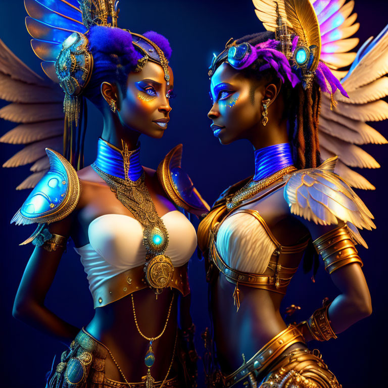 Stylized majestic female figures in fantasy armor with angelic wings on blue background