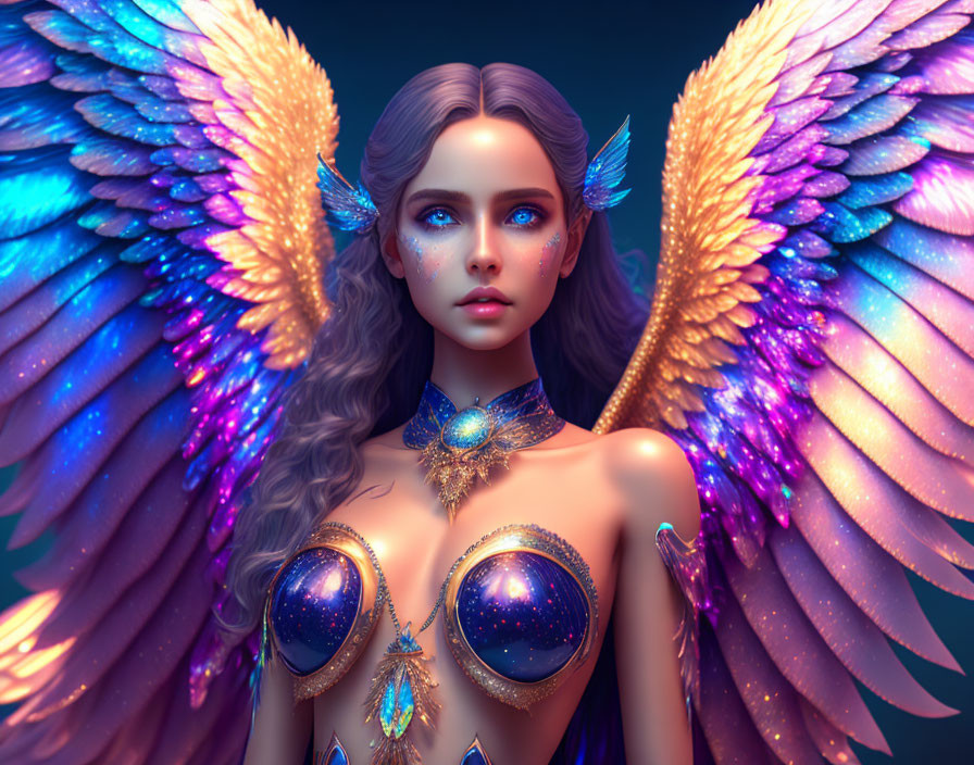 Fantastical female creature with blue eyes and golden wing-like adornments