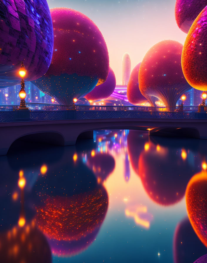 Vibrant night scene with illuminated trees, disco ball, and futuristic architecture