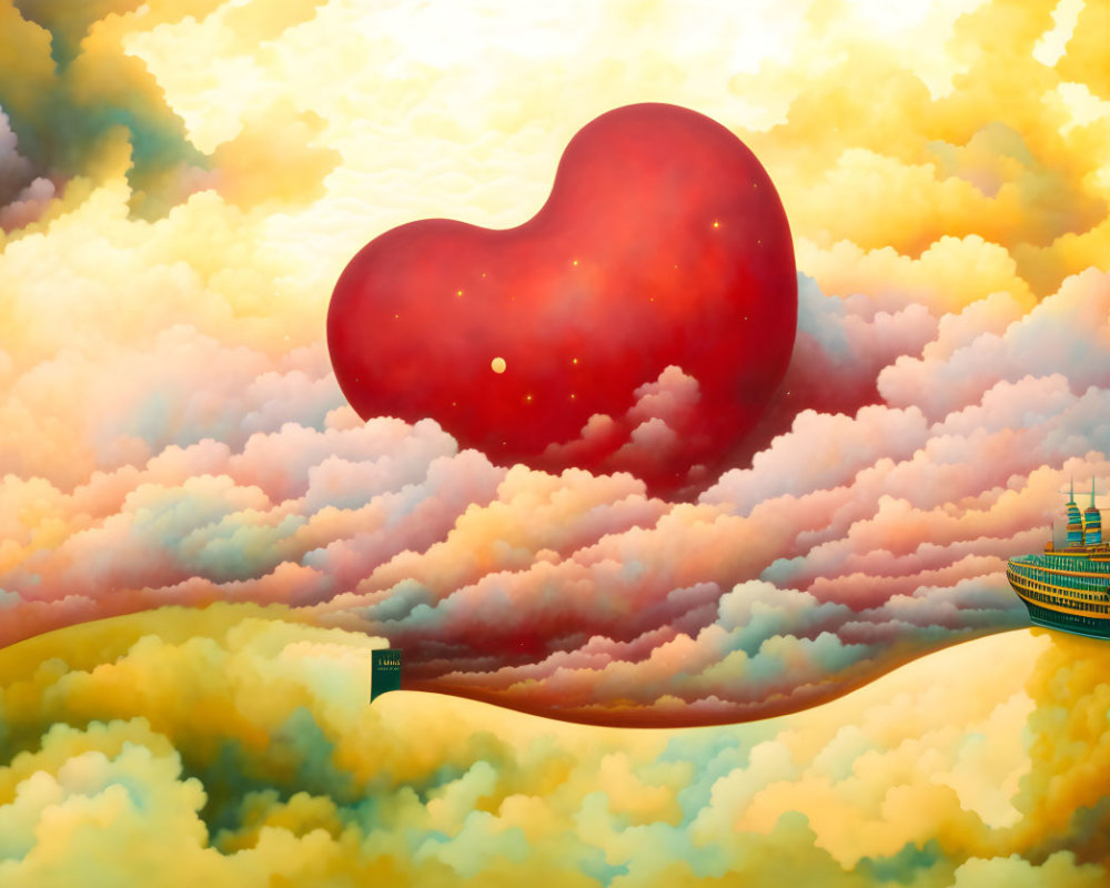 Surreal artwork of red heart above clouds with ship on ribbon path