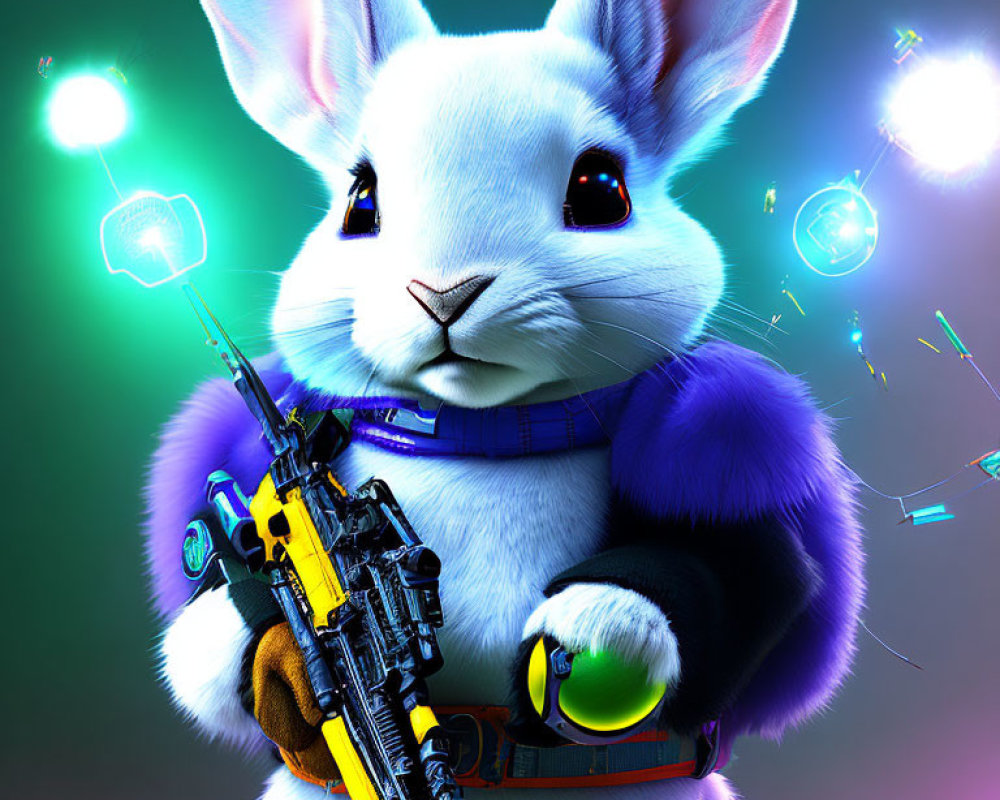 Stylized white rabbit in colorful jacket with futuristic yellow gun