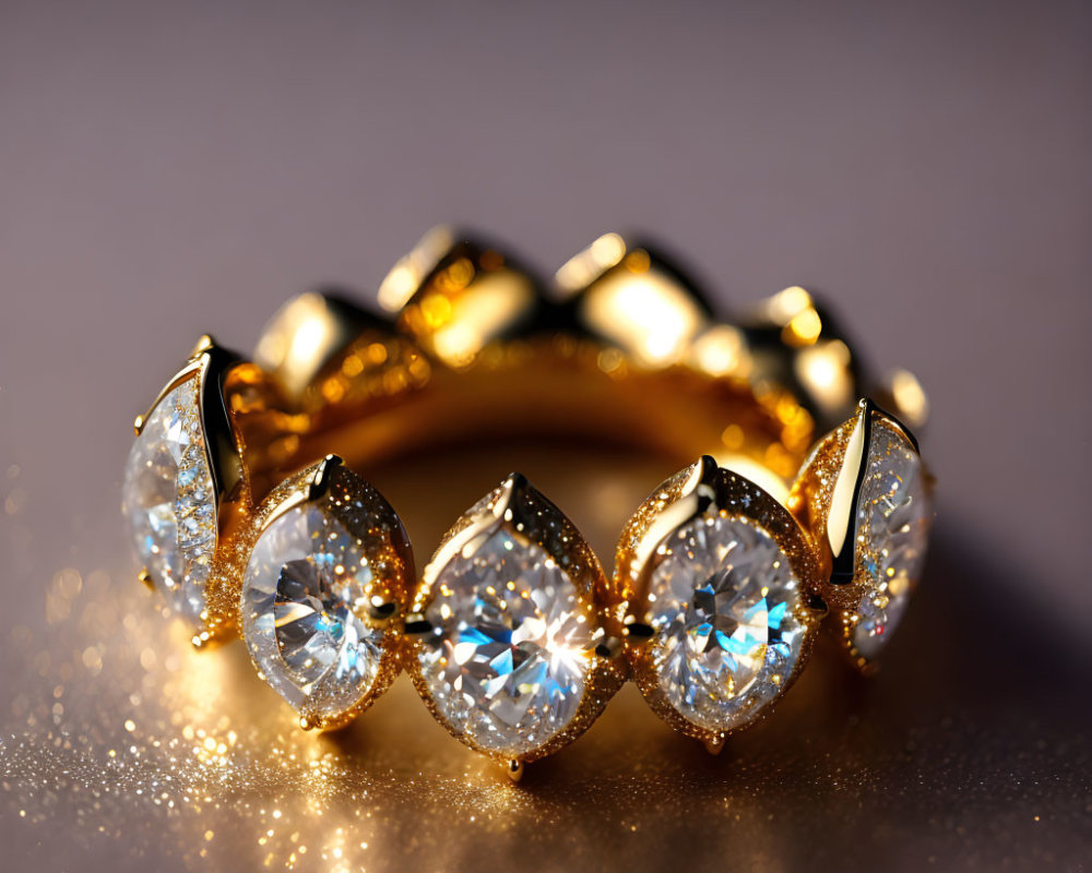 Pear-shaped diamond gold ring on glittery surface with warm background.