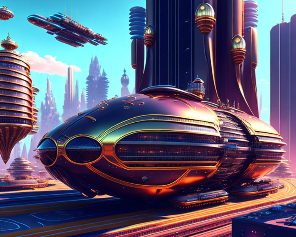 Futuristic cityscape with flying vehicles, skyscrapers, and sleek ship