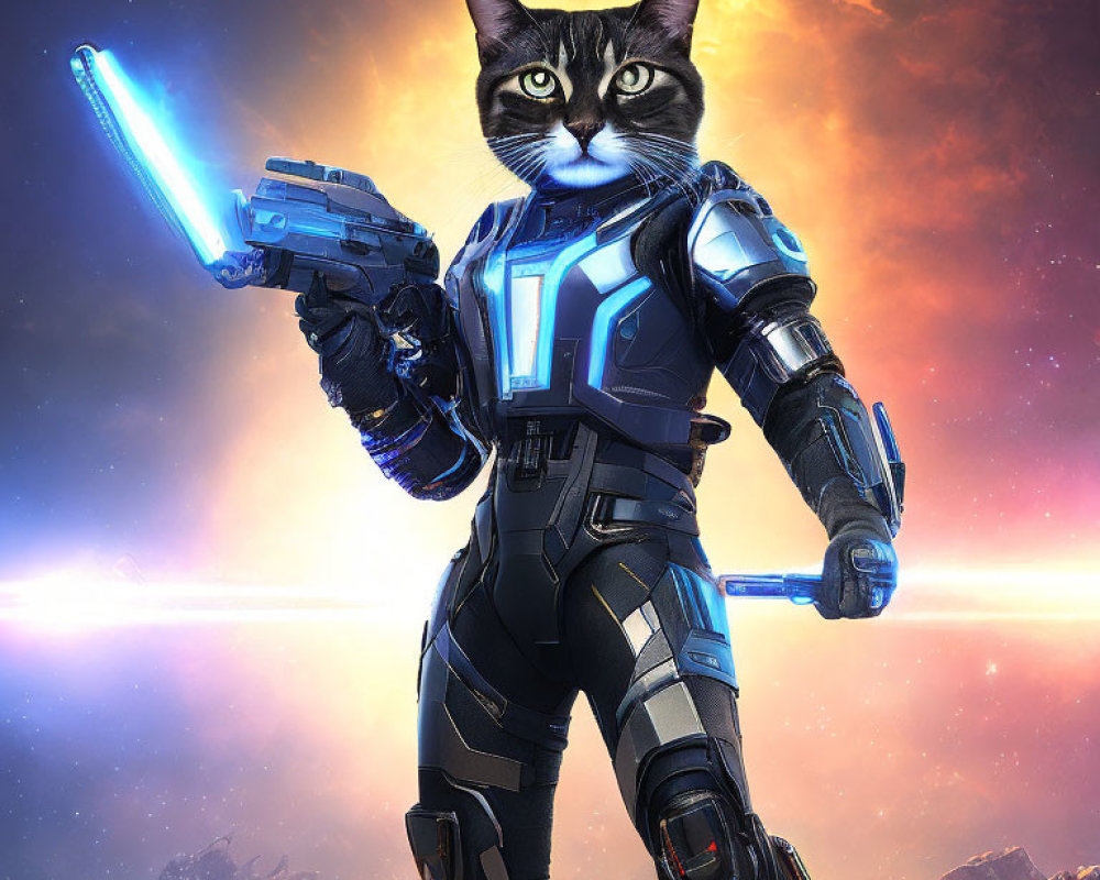 Feline in futuristic armor wields blaster and sword in cosmic setting