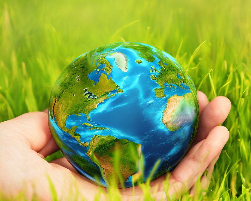 Hand holding miniature globe on green grass symbolizing environmental care