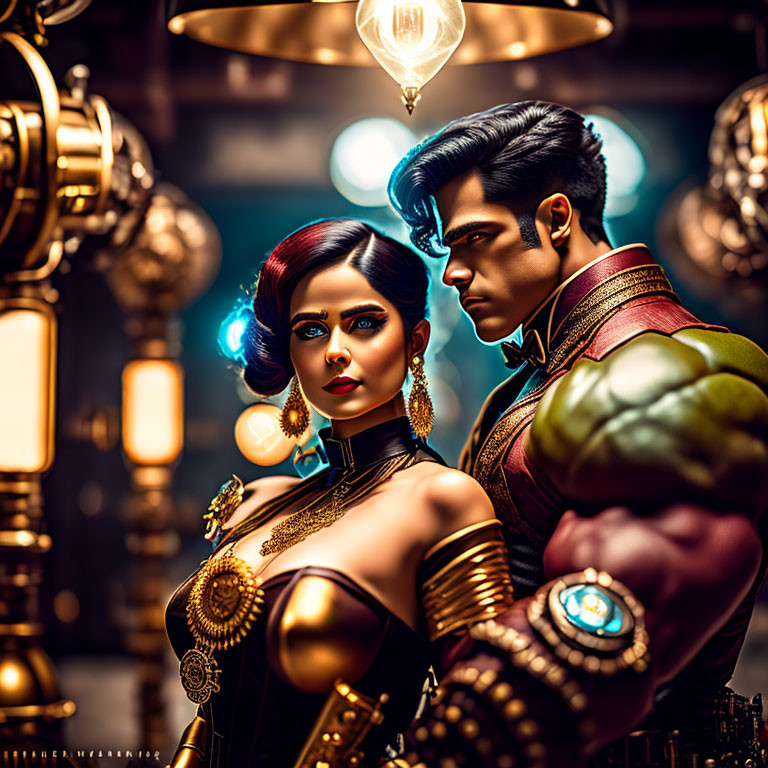 Fantasy-themed artwork of muscular male and adorned female characters in stylized costumes with glowing orbs and lantern