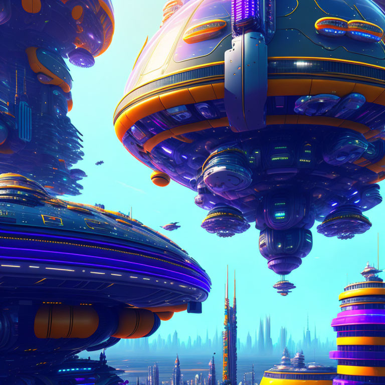 Futuristic sci-fi cityscape with floating buildings and flying vehicles